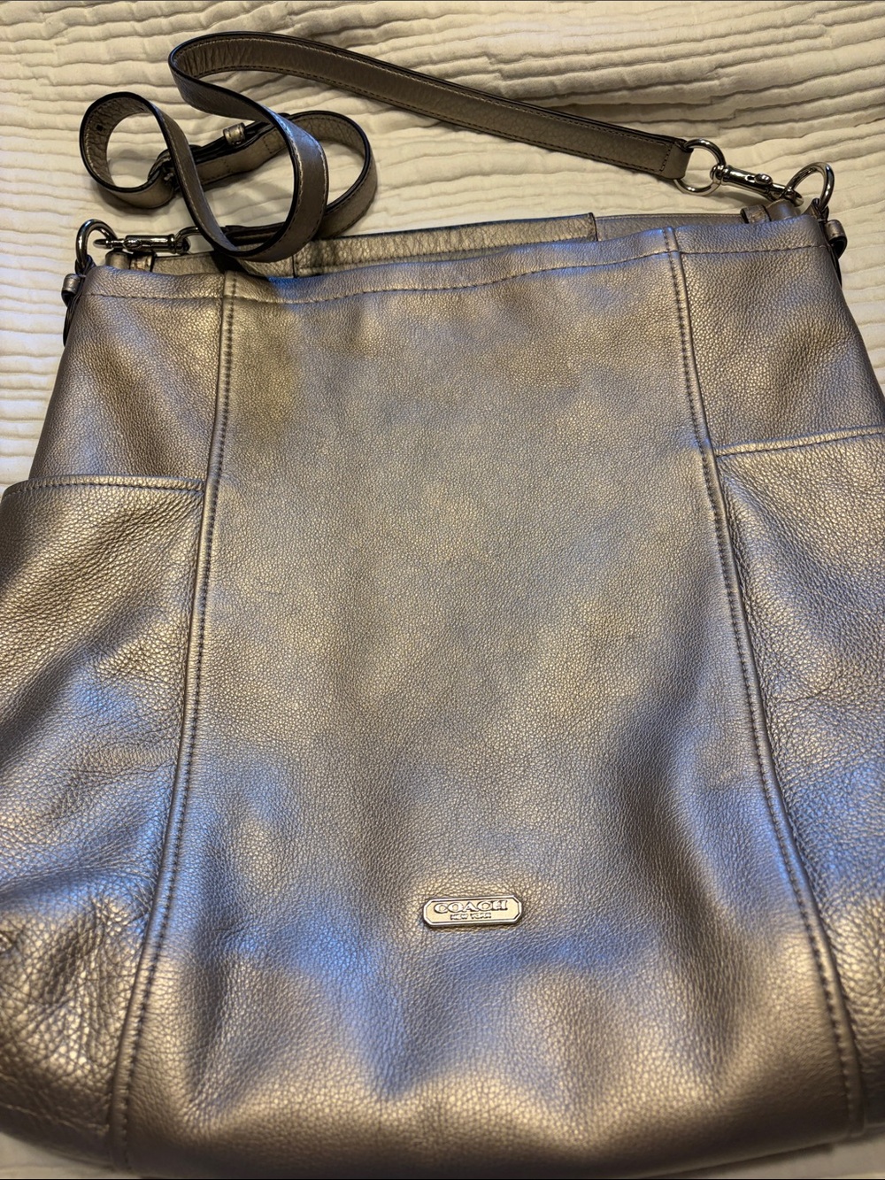 Coach Metallic Pewter Pebbled Leather Shoulder Bag